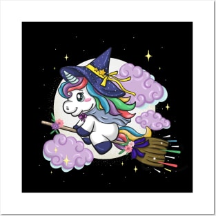 Cute Magical Witch Unicorn Halloween Posters and Art